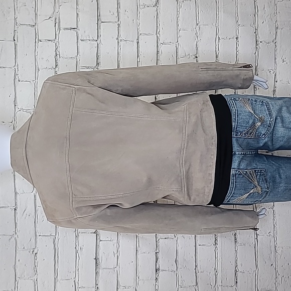 All Saints Dalby Slim Fit Cropped Suede Leather Biker Jacket in Taupe - Picture 4 of 17